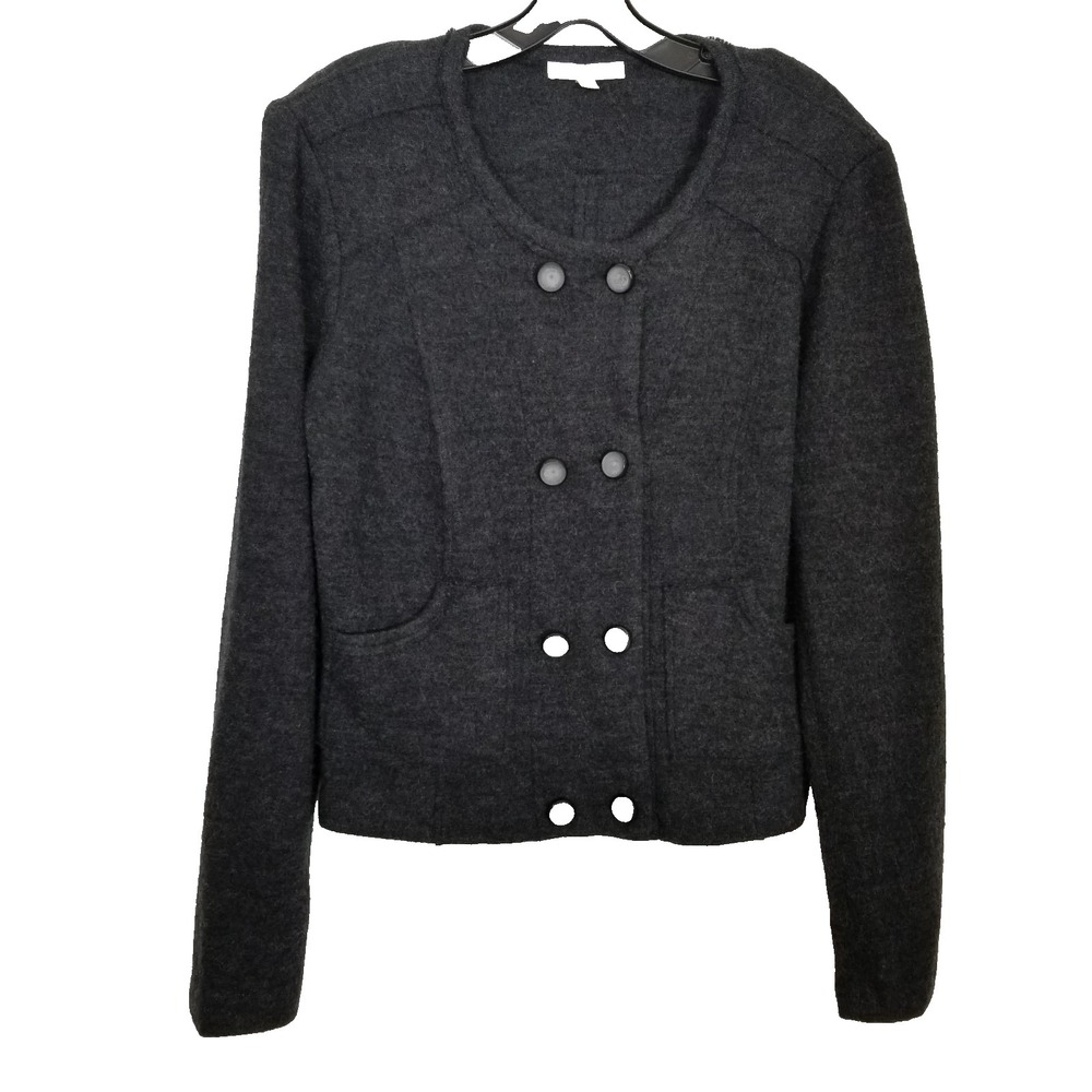 CABI Women 100% Wool Double Breasted Cardigan Sz L Gray‎ Sweater Pockets